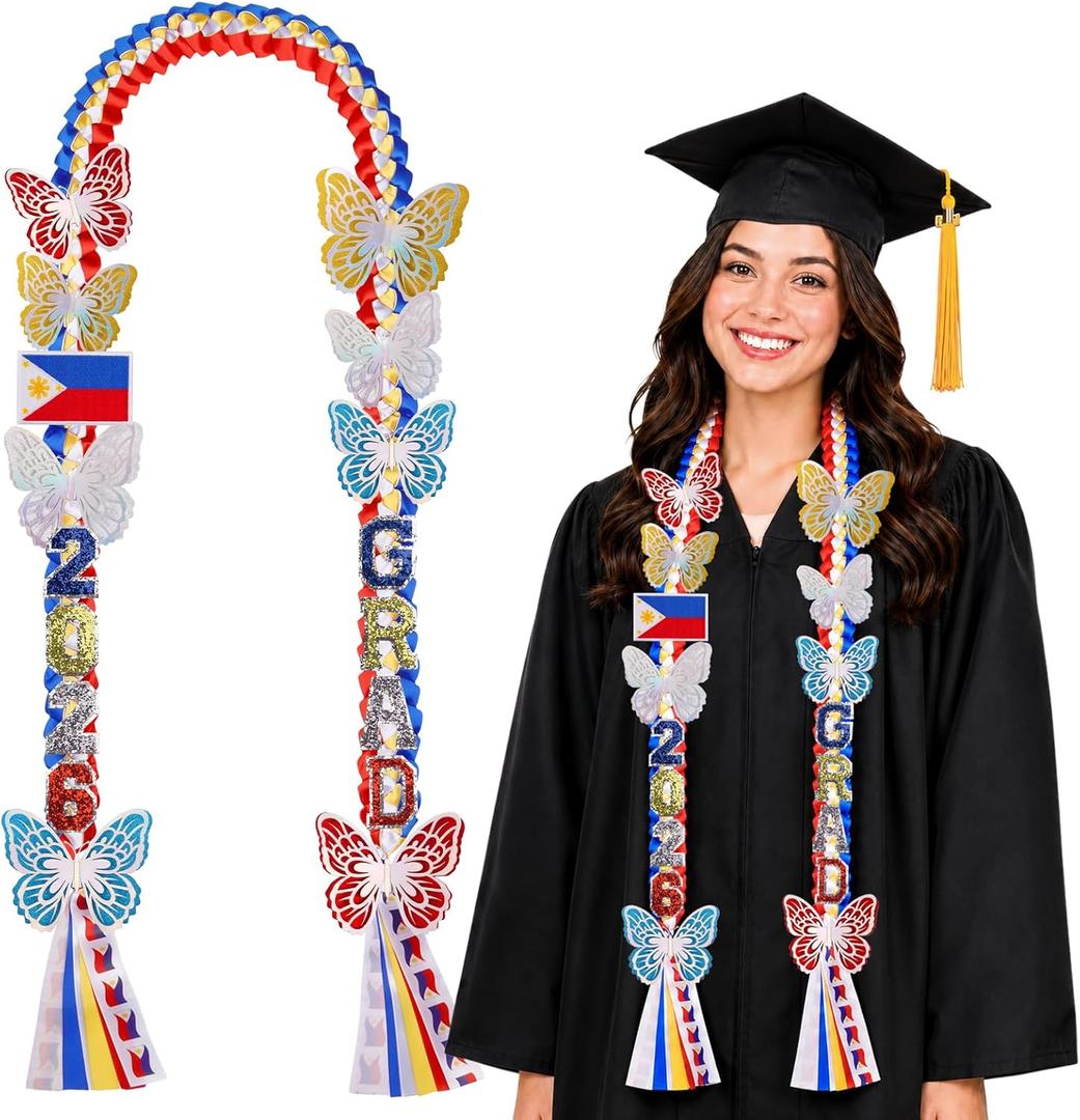 Class of 2026 Philippines Graduation Leis,Double Gold Graduation Lei Ribbon with Butterfly and Pins Accessories, Handmade Money Lei Flowers Congrats Graduation Gift for Her Him