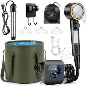 BTOG Portable Camping Shower Kit with Immersion Water Heater & Foldable Bucket, Rechargeable Outdoor Shower System for Camping/Hiking/Pet Bathing/Surfing, Rinse kit with Portable Shower Pump