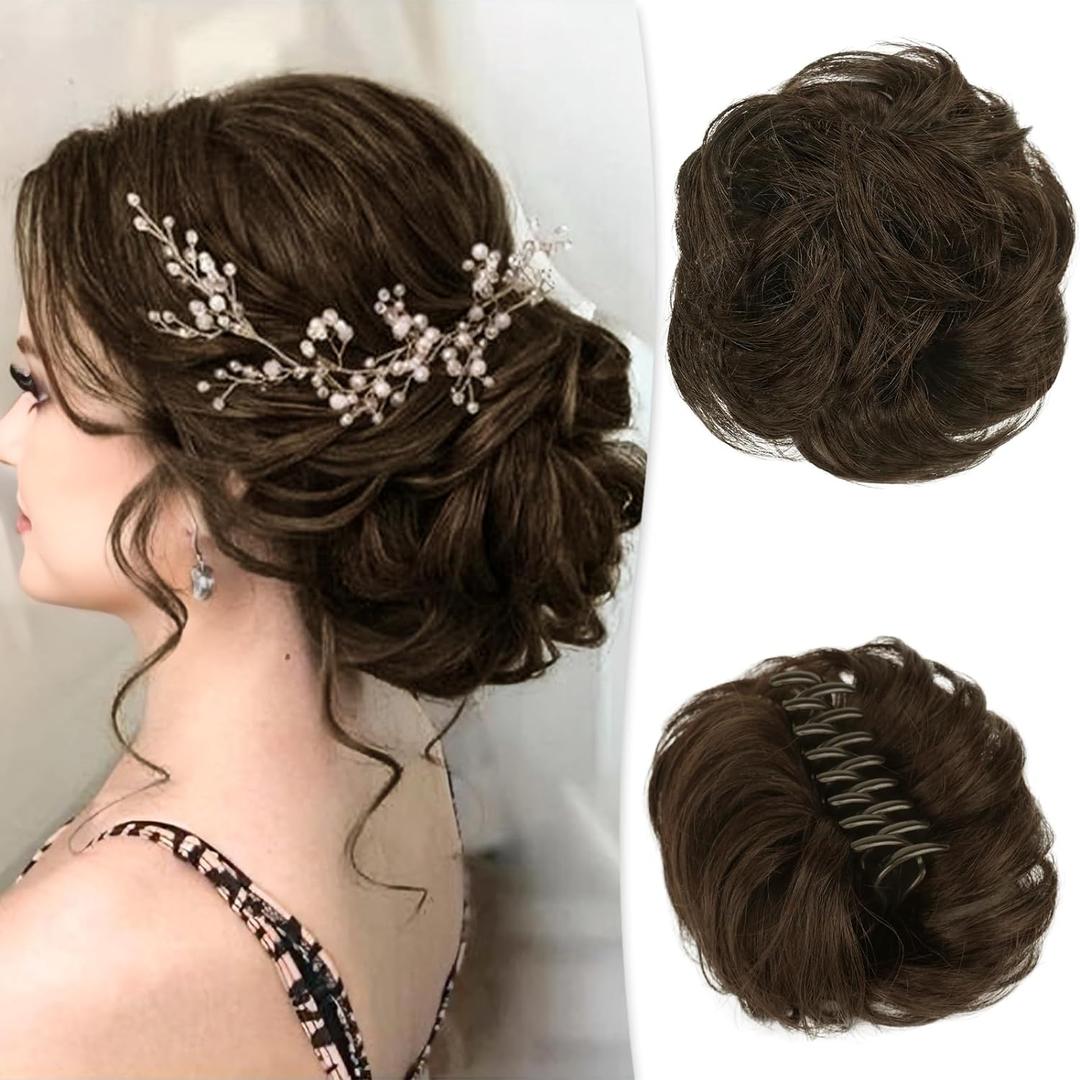 RUWISS Claw Clip Messy Bun Hair Piece Real Human Hair Buns Wavy Curly Chignon Hair Bun Extensions Tousled Updo Hair Buns Claw Clip Ponytail Hairpieces (Dark Brown) (40g)