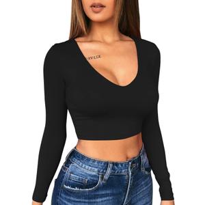 XXTAXN Women's Sexy Bodycon Basic Scoop Neck Long Sleeve Slim Solid Color Crop Top (Medium, Black)