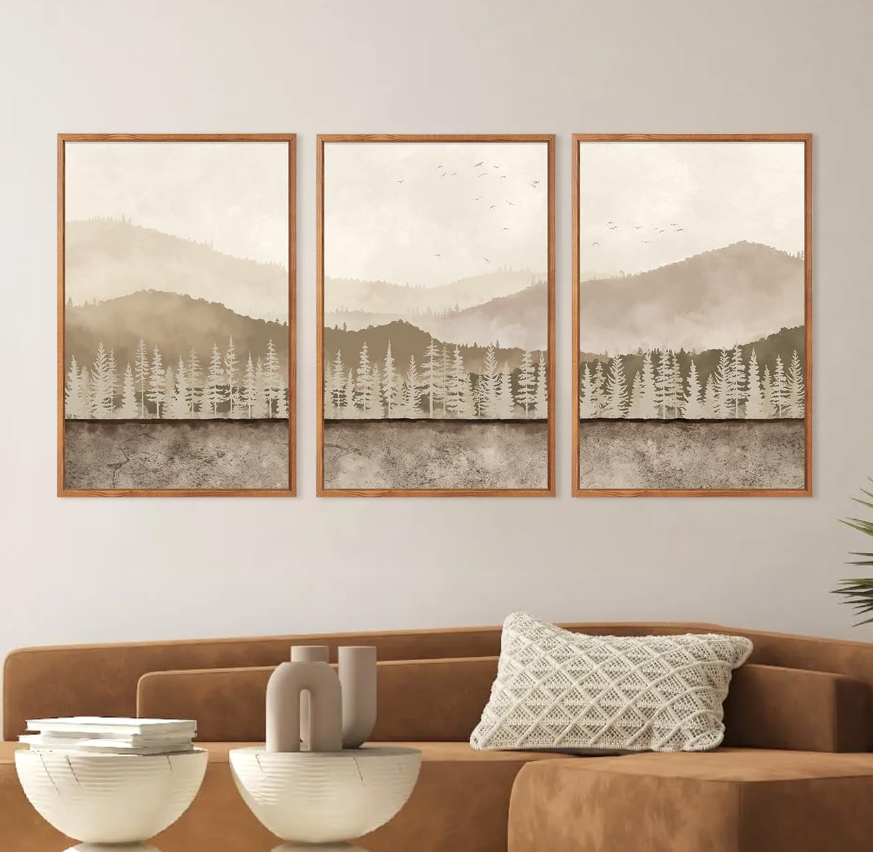 aurlan abstract neutral tan nature landscape wall art set(16”x24”), 3 pieces duotone beige misty mountain framed canvas artwork, large modern pine tree foggy forest wall decor for office bedroom living room