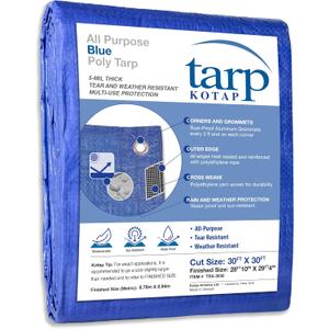 Kotap 30 x 30 ft All-Purpose Multi-Use Protection/Coverage 5-mil Poly Tarp, Waterproof, Blue, (TRA-3030)