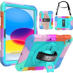 LTROP Case for iPad (A16) 11th Generation 11 Inch 2025/ 10th Generation 10.9 Inch 2022, Strong Protective Shockproof Cover with Rotating Kickstand Shoulder Hand Strap Stylus Holder, Colorful Turquoise