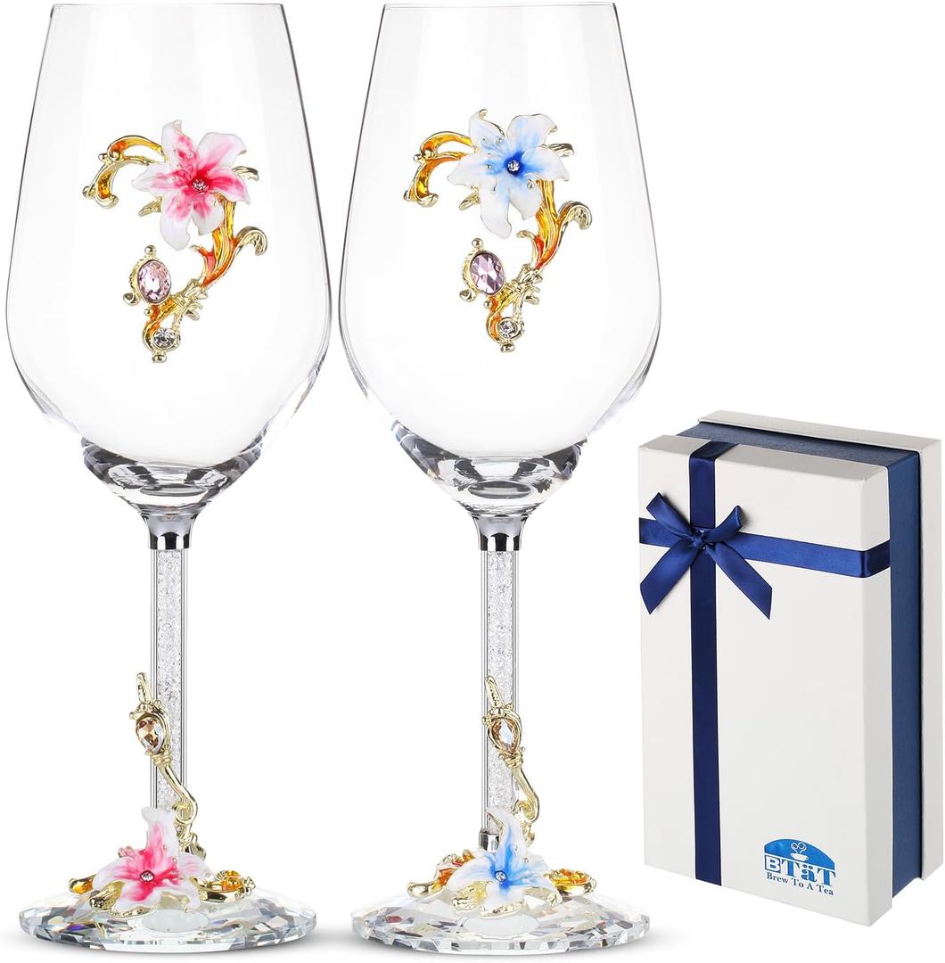 BTaT- Fancy Wine Glasses Set of 2, 17 oz, Blue & Red, Flower Design with Gift Box, Floral Wine Glasses Fancy, Dishwasher Safe