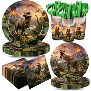 168pcs Dinosaur Party Supplies Paper Plates Napkins Dino World Decorations | Disposable Tableware Set Paper Cups Dinosaur Birthday Party Decorations for Kids Boys Birthday Decor Serves 24