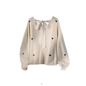 GORGLITTER Women's Plus Size Heart Sweater Bow Tie Open Back Long Sleeve V Neck Knit Pullover Jumper Top Winter Outfits Beige XX-Large Plus