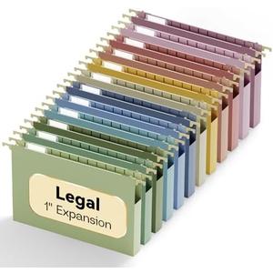 NORDUN Plastic Hanging File Folders Legal Size,Heavy Duty 1" Expandable Filing Cabniet Folder with Tabs,12 Pack Sturdy Hang Folder for File Frame/File Box,Pastel Color Hanging File Organizer