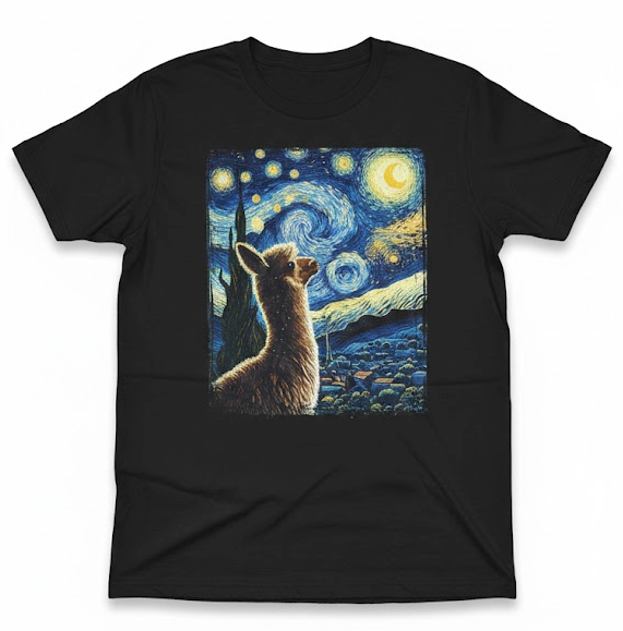 Funny Alpaca Shirt Alpacas Van Starry Night Painting Alpaca T-Shirt, M 