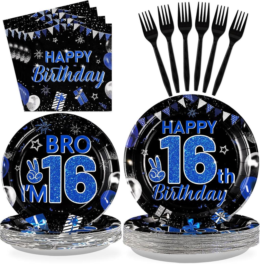 Grencian 96Pcs 16th Birthday Party Decorations for Boys Blue and Black 16th Birthday Plates Disposable Official Teen 16 Tableware for Teen Boys Im 16 Bro 16 Years Old Party Supplies Serves 24