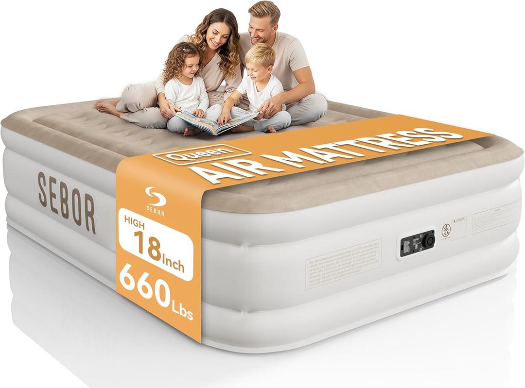 Sebor Air Mattress Queen with Built-in Pump 18", Comfortable Self-Inflating Air Mattress with High-Speed Pump, Durable Blow Up Mattress Queen with Storage Bag for Guests, Camping, Travel (Khaki White)