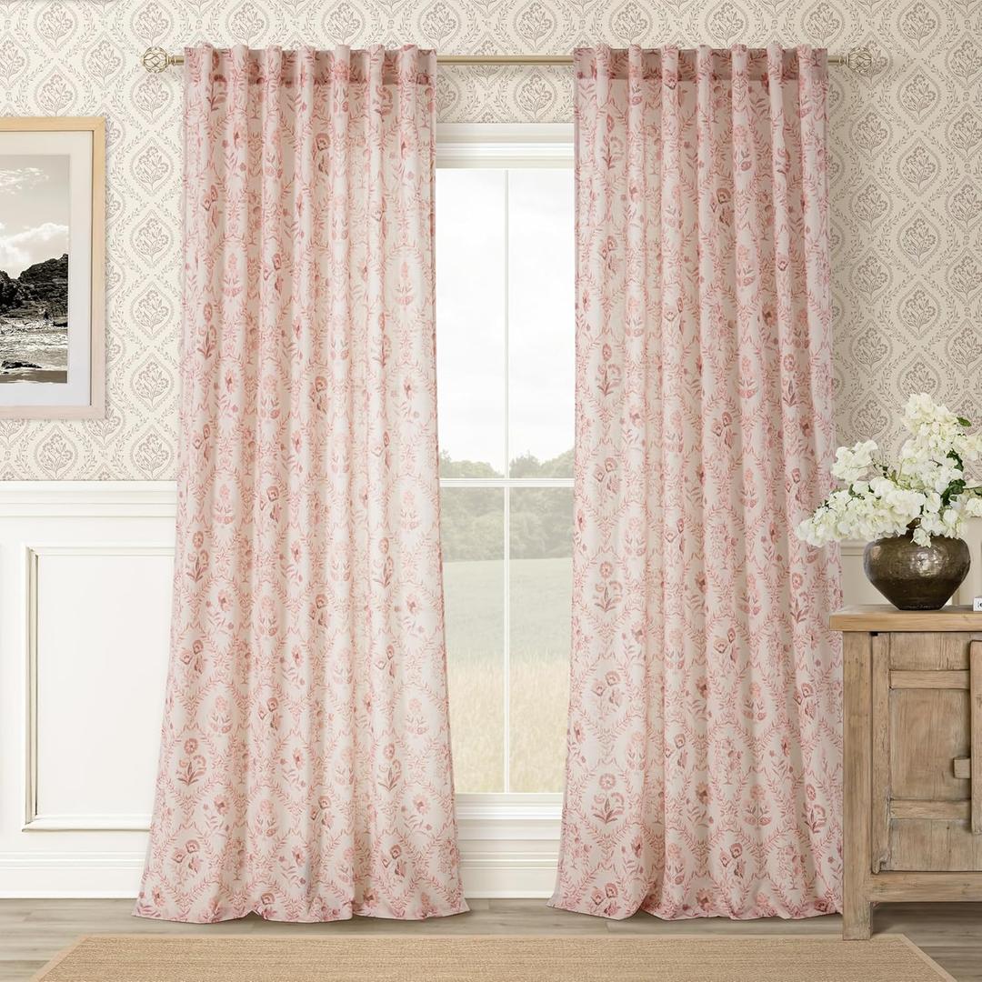 Pink Linen Floral 96 Inch Curtains 2 Panel Set for Living Room Semi Sheer Light Filtering Window Curtains Blush Flower Leaf Print Pattern on Cream White for Girls Bedroom Nursery Vintage Boho Drapes