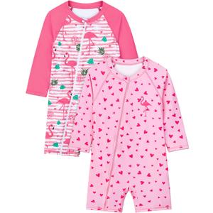 2 Pack Toddler Baby Girls One Piece Rash Guards Baby Kid UPF 50+ Long-Sleeve Dry Fit Zip Swimsuit for Summer Beach (18-24 Months)