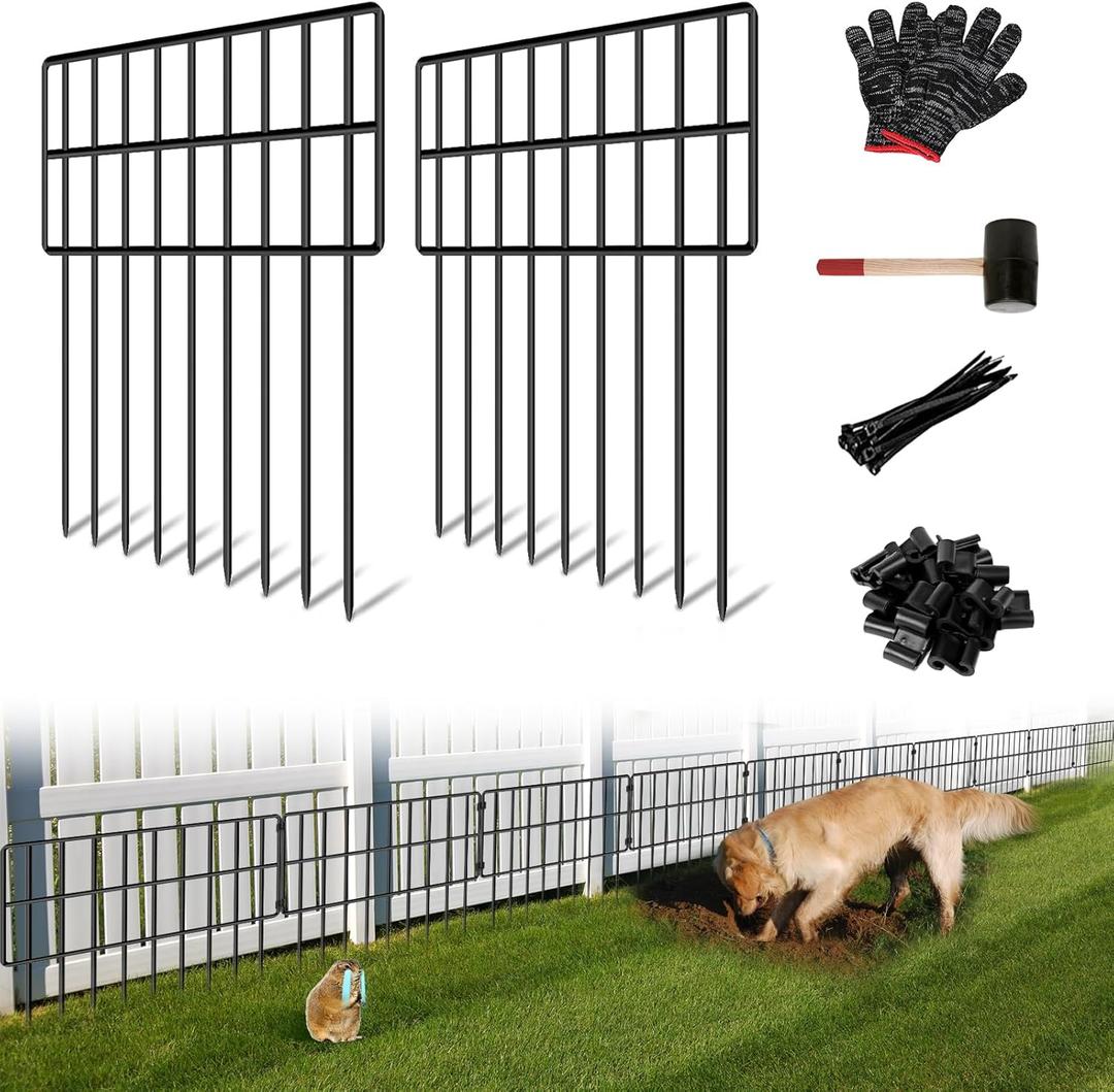 10 Panels Garden Animal Barrier Fence, 10.8ft(L) x 12in(H) No Dig Decorative Fence, 1.2in Spike Spacing Rustproof Metal Garden Fence Border for Dogs Rabbits, Bottom Blocker for Outdoor Yard Patio