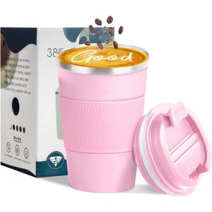YINBAOGE Insulated Travel Coffee Mug, Spill & Leak Proof, Portable To Go Camping Stainless Steel Coffee Tumbler, Reusable Thermal Coffee Cup with Lid for Hot & Cold Drinks (Pink, 12 OZ)