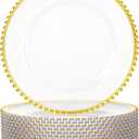 12 Pack Clear Charger Plates with Gold Beaded Rim, 13 Inch Plastic Charger Plates Bulk for Wedding, Elegant Dinner Party & Event Decor, Heavy Duty Reusable Clear and Gold Chargers for Dinner Plates