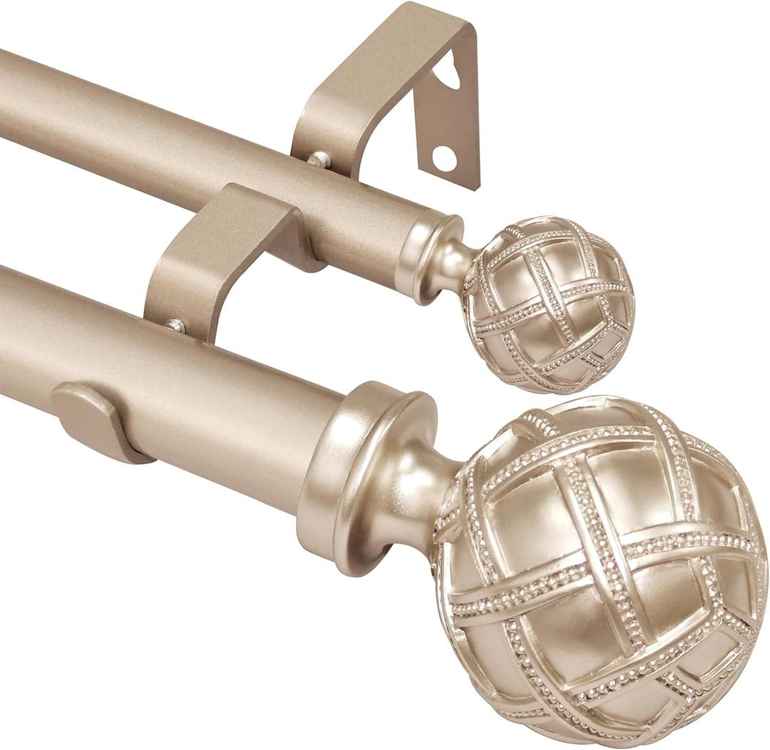 Ycolnaefllr 1 Inch Diameter Adjustable Double Curtain Rod - Double Curtain Rods For Windows 72 to 144 Inches, With Adjustable Curtain Rod Brackets And Netted Texture FinialsRose Gold (72"-144")