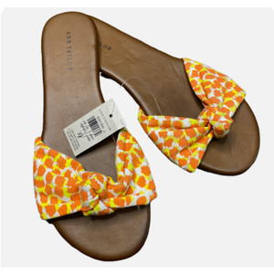 ANN TAYLOR Womens Sandals Orange Yellow Spots Knot Top Flat Dressy Slide, Size 9