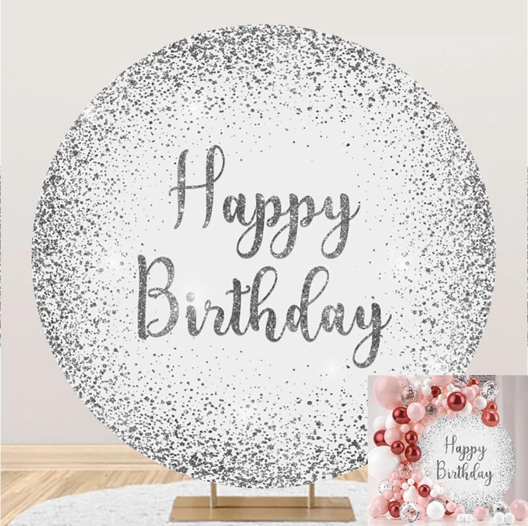 Happy Birthday Round Backdrop Cover Silver Glitters Decor Luxury Photography Backdrop for Children Adults Party Decor 7.2x7.2ft Photo Studio Booth Backgrounds