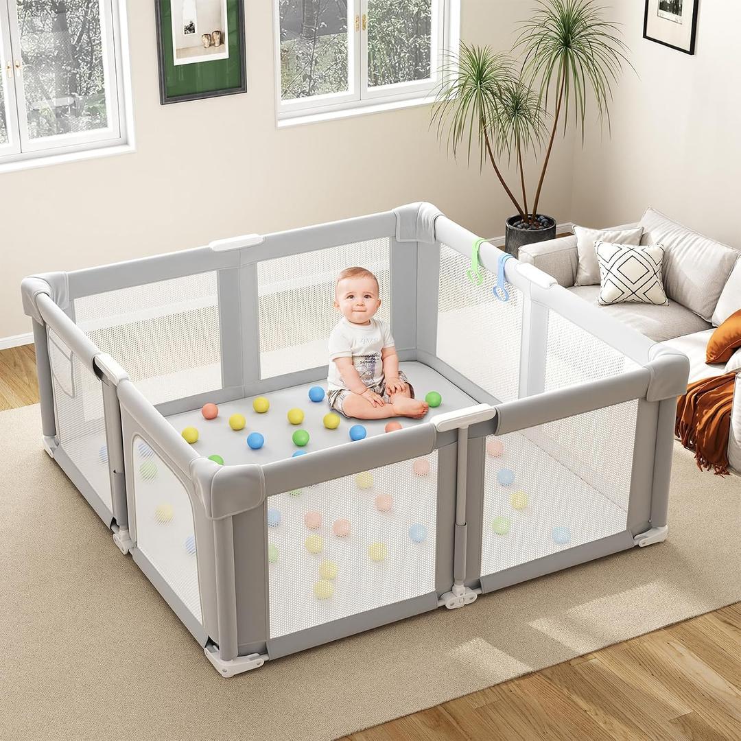 Foldable Baby Playpen, 51" Playpen for Babies and Toddlers with Mat Ocean Balls and Pull Links, Play Pen with Soft Breathable and Visible Mesh, Indoor and Outdoor Portable Play Pen, Gray