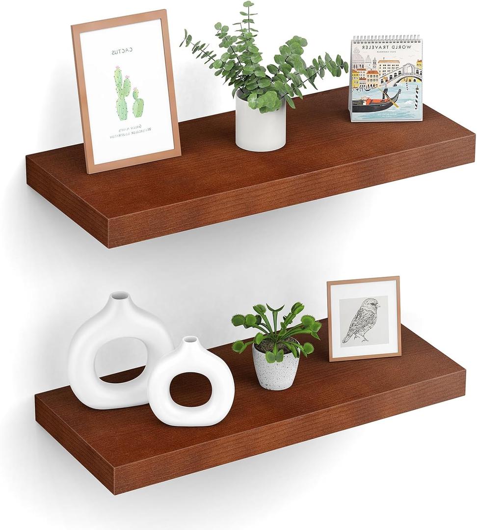 Floating Shelves (Set of 2)  Wall Mounted Shelves for Home Dcor and Storage, Natural Pine Wood, Suitable for Living Room and Bedroom (Brown, 15.7" x 5.7" x 1.0")