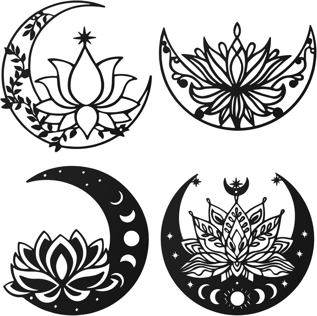 Photect 4 Pcs Moon Phases Metal Wall Decor Flower Leaf Bedroom Decor Art Floral Boho Modern Hanging for Outdoor Farmhouse Home Indoor Bathroom Decoration