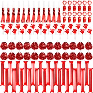 Yunsailing 96 Pcs Noisemakers Team Spirit Accessories for Back to School Include Hand Clappers Cheerleading Pom Pom Thunder Stick Cheer Party Blower Plastic Whistle for Spirit Week Sport(Red)