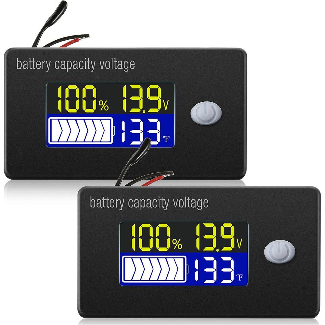 Battery Capacity Voltage Meter with Alarm and External Temperature Sensor 0-179 F Temperature Monitor 12V 24V 36V 48V 60V 72V Acid Lithium Battery Gauge Meter for Most Cars(2 Pieces)
