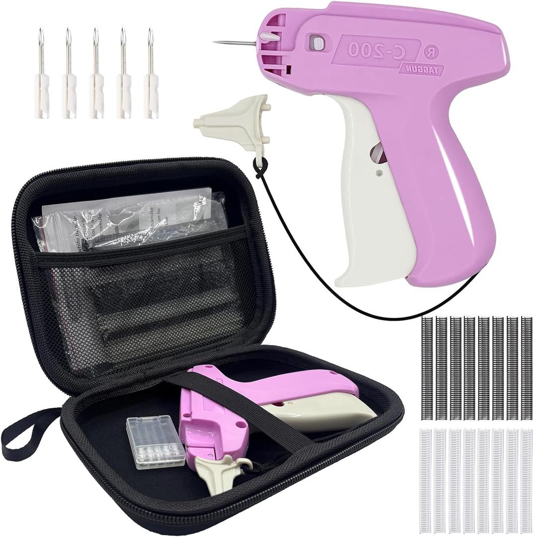 Mini Stitch Gun for Clothes - Quick Clothing Fixer - Handheld Fine Stitch Gun - Micro Tagging Gun Kit Includes 1000 Black Fasteners & 1000 White Fasteners, 6 Needle and Hard Case (Pink)