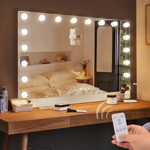 COOLJEEN 32"x24" Selfie Remote Control Vanity Mirror with Lights, 0.6" Ultrathin Large Hollywood Vanity Mirror 18 LED Bulbs Magnet Phone Holder Tabletop Makeup Mirror Wall Mount