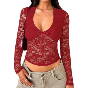 Womens Long Sleeve Going Out Tops Lace V Neck Mesh Crop Shirts Sexy Cute Y2K Fall Trendy Outfits 2026, XXL