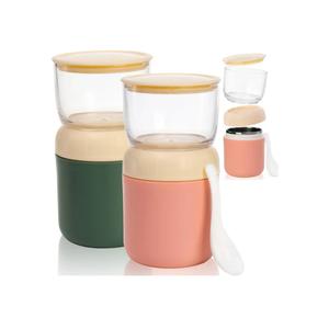 Eorbow 2 Pack Insulated Yogurt Container, 24oz Breakfast On the Go Cup with Plastic Topping Cereal Oatmeal Cup, 2-in-1 Food Storage Jar with Lid and Spoon, Overnight Oats Container for Soup Lunch