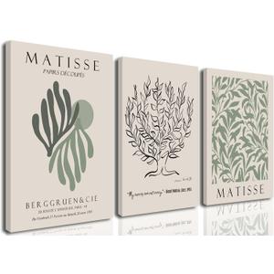 Matisse Wall Art Set of 3,Sage Green Wall Decor, Abstract Matisse Canvas Prints, Green and Beige Paintings, Boho Leaf Room Decor, Aesthetic Minimalist Posters for Living Room Bedroom 12x16 In Framed