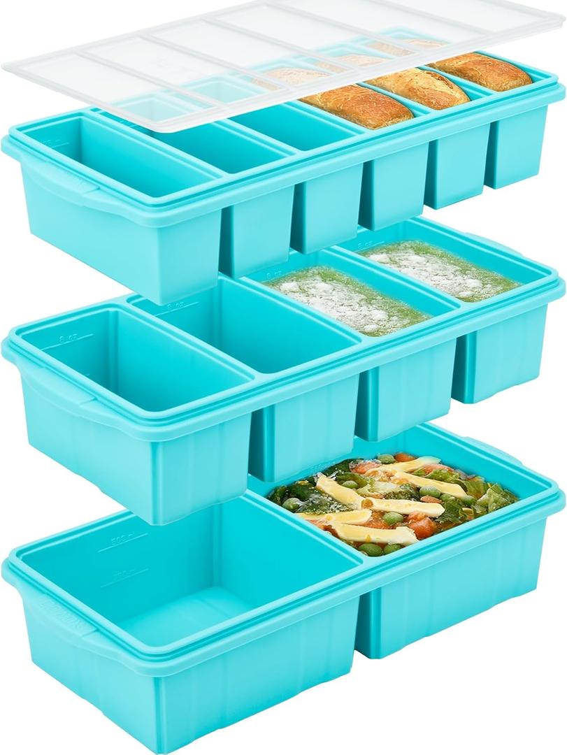 Silicone Freezer Tray With Lid - Soup Freezer Container Molds Set Makes 2-Cup & 1-Cup 1/2-cup Portions Cubes Perfect for preparing meals in different Portion Sizes Oven & Dishwasher-Safe (Blue)