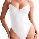 Women's Sexy V Neck Bodysuit Ruched Body Suits Spaghetti Strap Backless Cami Bodysuit Top, M