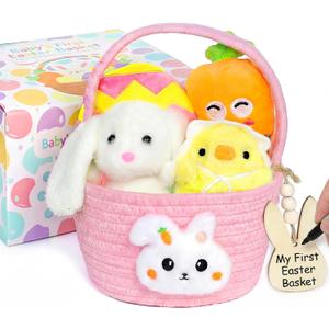 Wangchao Craft My First Easter Basket for Baby with Prefilled Plush Bunny Egg Chick Carrot 6 Pcs Stuffed Easter Basket for Girl Boys Infant Kids, Easter Party Supplies Favor Set, Pink