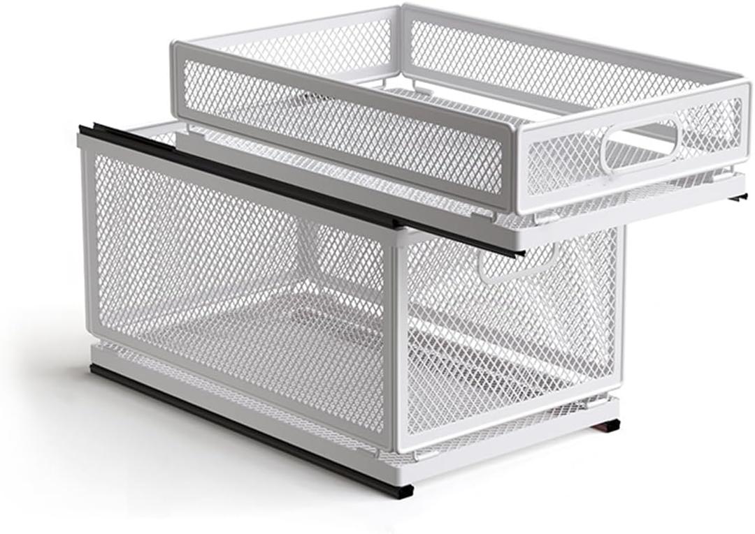 Pull Out Cabinet Organizer, Slide Out Drawers Fixed with Adhesive Nano Film, Pantry Shelves Sliding Drawer Storage Organization for Kitchen (Double Layer 15.7*9.4*12.28inch/40*24*31.2cm)