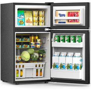COWSAR 3.2 Cu.Ft Mini Fridge and Freezer, Double Door Compact Fridge for Bedroom, Adjustable Thermostat, Energy-efficient Low Noise Small Refrigerator For Dorm, Office, Bar, RV, Bedroom (Black)