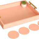 Serving Tray 16.5X 13Deluxe Wooden Ottoman Tray for Coffee Table with Polished Gold Metal Handles and 4 Coasters, Living Room Bathroom Coffee Bar Organizer Modern Decorative Pink Tray