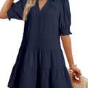 Dokotoo Casual Dresses for Women Lapel Collared V Neck Mid Sleeved Pleated Summer Dresses for Women 2026 Midi Dresses, Blue, XL