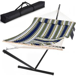 SUNCREAT Hammocks Double Outdoor Hammock with Stand, Cotton Rope Two Person Hammock with Polyester Pad & Large Pillow, Carrying Bag, Blue& Gray