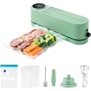 Mini Vacuum Sealer, 3 in 1 Cordless Handheld Vacuum Sealer for Dry/Moist Food Storage with 4 Snack Bags, Heat Sealer for Chip Bags, Inflation Pump for Balls/Swim Ring with 1 Needle/1 Nozzle (Green)