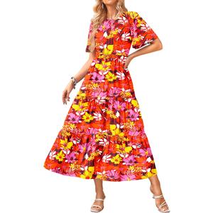 KIRUNDO Summer Dresses for Women 2026 Spring Casual Flutter Short Sleeve Wedding Guest Smocked Flowy Tiered Aline Midi Dress (XL)