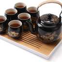 Dujust Japanese Tea Set, Black Porcelain Tea Set with 1 Teapot Set, 6 Tea Cups, 1 Tea Tray, 1 Stainless Infuser, Beautiful Asian Tea Sets for Adults, Tea Lover/Women/Men (Countryside in Golden)