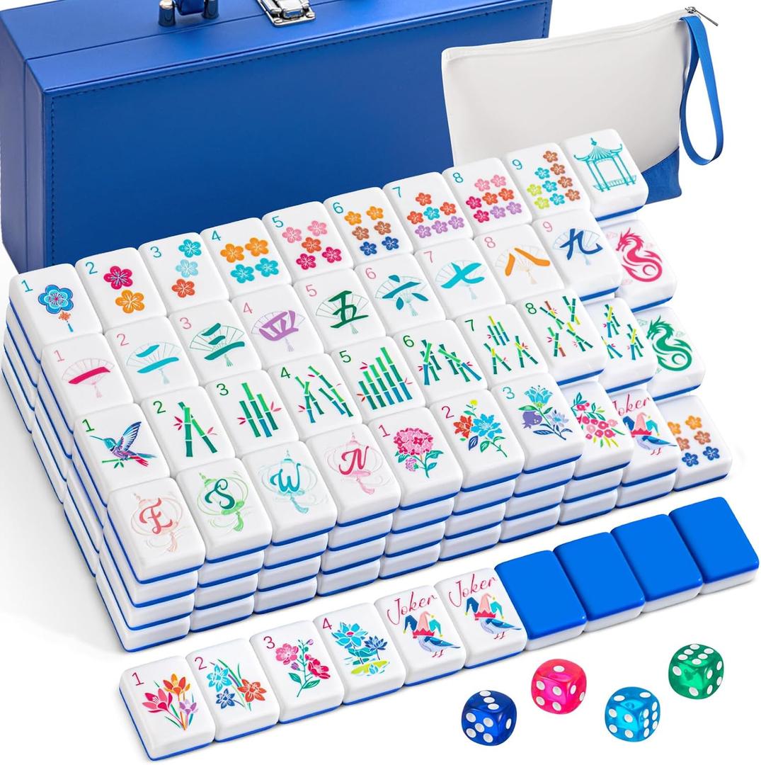 Soulchen 1.4 Inch Acrylic Blue American Mahjong Set 168 Blossom Numbered Tiles, Tiles Bag and Portable Case Classic Complete Mahjong Set for Adult Collection Gift