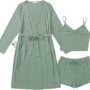 Ekouaer Rib Knit Pajamas Set for Women 3 Piece Lounge Sets Soft Cami and Shorts Pjs with Cardigan Loungewear S-XXL (L)