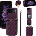 Wallet Case for Samsung Galaxy Z Flip 3 5G 2021 with Wrist Strap Crossbody Shoulder Strap Mutiple Card Slots Zipper Purse, Luxury PU Leather Stand Phone Cover for ZFlip3 Z3 Flip3 3Z Deep Purple (Wine Red)