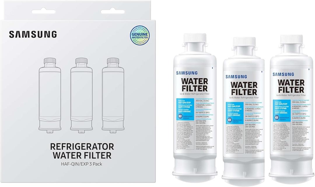 SAMSUNG Genuine Filters for Refrigerator Water and Ice, Carbon Block Filtration for Clean, Clear Drinking Water, HAF-QIN-3P, (Pack of 3)