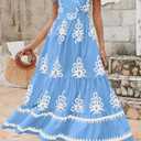 PRETTYGARDEN Womens 2026 Summer Casual V Neck Boho Maxi Dress Flowy Aline Bell Sleeve Tiered Floral Dresses with Pocket (Blue, L)