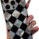 Checkered Magnetic Case for iPhone 14 Pro Max | Magsafe Compatible, Aesthetic Rectangular Diamond Checkerboard, Iridescent Glitter Sparkle, Black Silver
