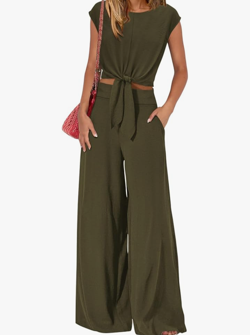 PRETTYGARDEN Women 2 Piece Lounge Sets 2026 Casual Summer Outfits Cap Sleeve Strappy Crop Tops Wide Leg Pant Tracksuit, L